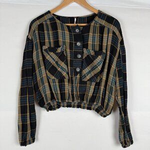 Free People Women size M Its The Good Life Cropped Plaid Flannel Top Boho